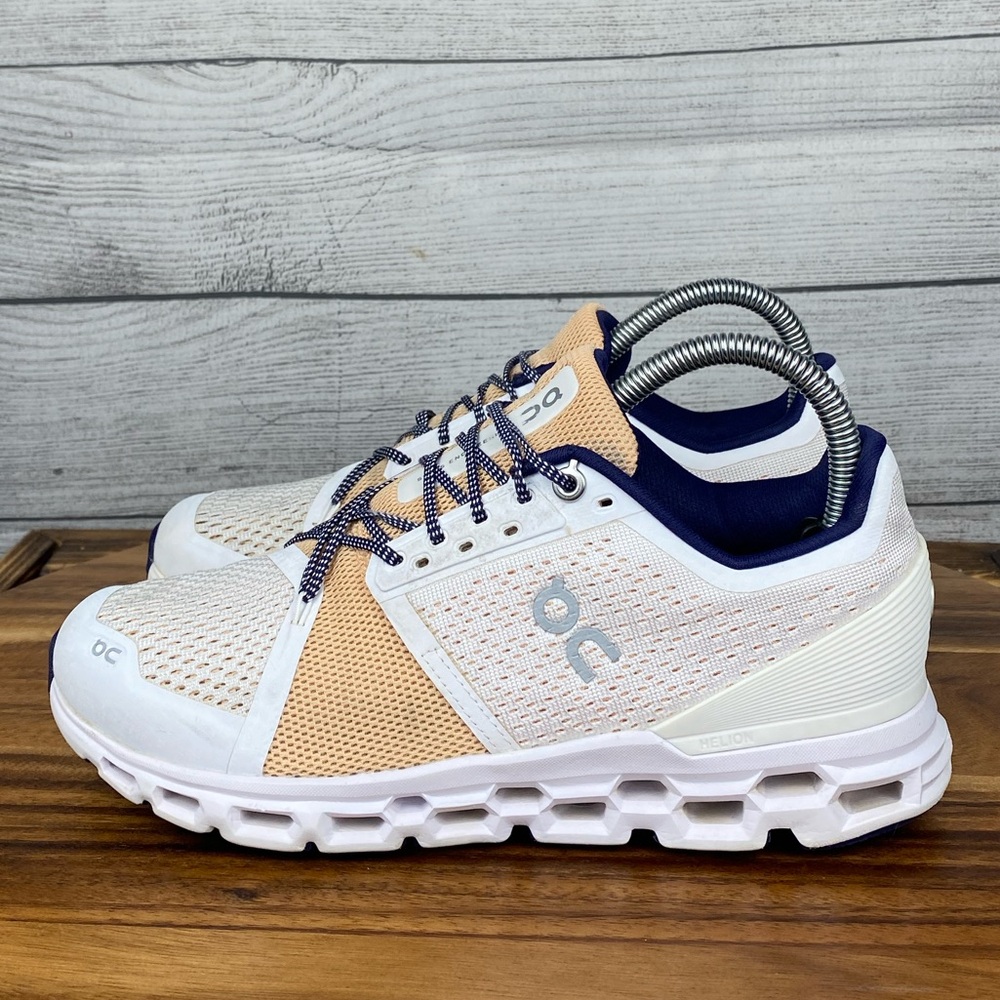 ON Running Cloudstratus White Almond Navy Athletic Shoe Women’s Sneaker Size 7